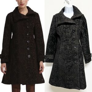 Desigual Womens Black Brown Snake Print Long Button Up Pea Coat Size EU 36